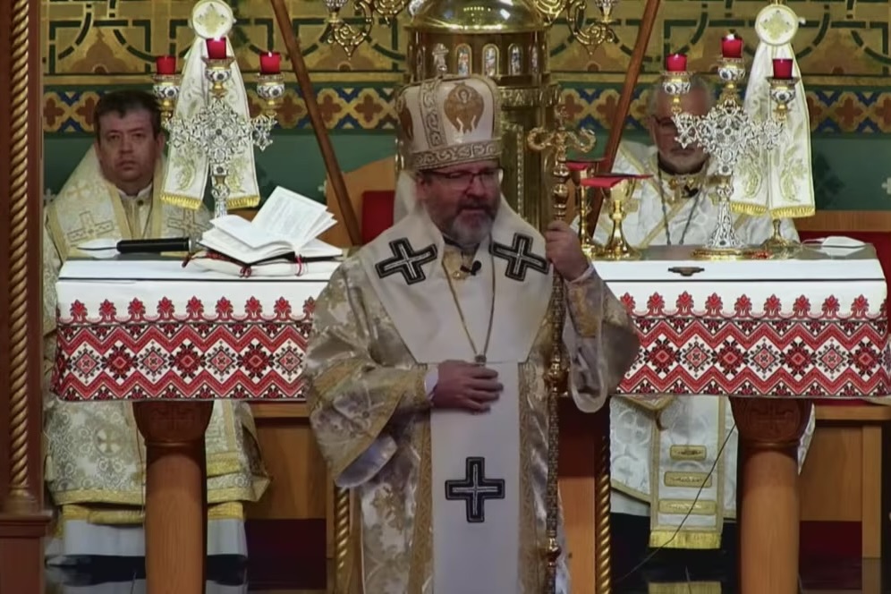 Sviatoslav Shevchuk held an hours-long service in a cathedral in the city's North End, bringing a message of unity and strength for the large Ukrainian community living in Winnipeg. (Sts Volodymyr & Olha Ukrainian Catholic Cathedral/YouTube)